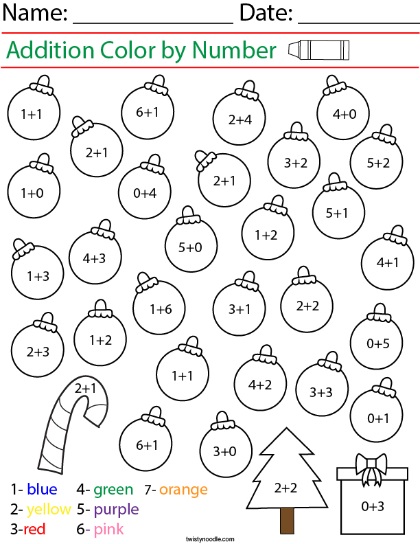 Addition Color By Number Ornaments Math Worksheet Twisty Noodle